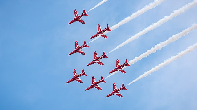 Red Arrows in formation flight at the Royal International Air Tattoo 2023.