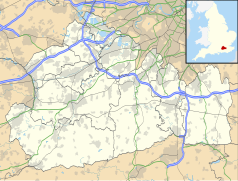 Mapa konturowa Surrey, u góry znajduje się punkt z opisem „Walton-on-Thames”