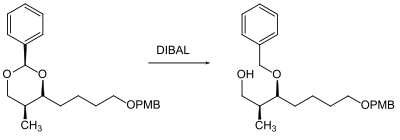 Spaltung eine Benzylidenacetals mit DIBAL