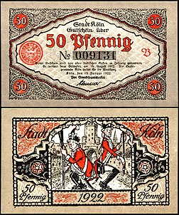 Nota de 50 Pfennig Notgeld emitida pela cidade alemã de Colônia em 1922. A nota inclui uma representação de dois membros da guarda de carnaval Rote Funken com os uniformes dos soldados da cidade de Colônia, que realizam uma dança tradicional conhecida como "Stippeföttche". A nota leva a assinatura do então prefeito Konrad Adenauer, posteriormente o primeiro chanceler da República Federal da Alemanha (definição 4 801 × 5 748)