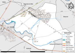 Carte en couleur présentant le réseau hydrographique de la commune