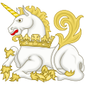 * Nomination: The heraldic badge of the Unicorn Pursuivant of Arms, a royal herald of the Court of the Lord Lyon. Blazon: A unicorn couchant Argent, horned, unguled, maned and tufted Or gorged of a coronet of four fleurs-de-lys (two visible) and four crosses pattee (one and two halves visible) Or. By User:Sodacan --Piotr Bart 21:56, 16 June 2019 (UTC) * * Review needed