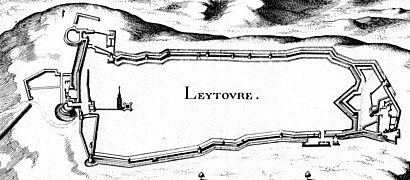 Fortifications de Lectoure, XVIIe siècle, plan Mérian (le Nord est en bas)