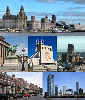 Trên cùng: Pier Head và Mersey Ferry Giữa: St George's Hall và Đại giáo đường Thánh George và Nhà thờ Chính tòa Liverpool Dưới cùng: Khu phố Georgian và Cảng Prince