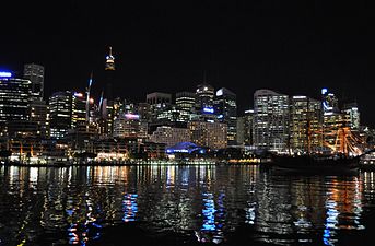 Sydney by night as seen from the James Craig moored near the National Maritime Museum.