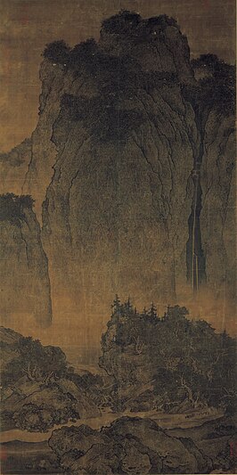 alt=Reizigers tussen de bergen en stromen (谿山行旅), inkt en kleur op een zijden doek [1] Nationaal Paleismuseum, Taipei[2]