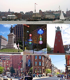 Do topo, em sentido horário: vista de Portland, Portland Observatory em Munjoy Hill, esquina da Middle e Exchange Street em Old Port, Congress Street, Memorial da Guerra Civil na Monument Square, e esculturas de inverno na Congress Square Plaza