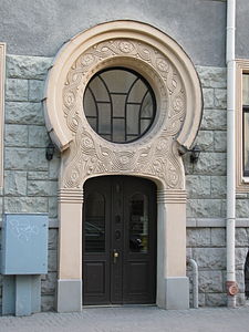 National Romantic decoration on a house built by Pēkšēns (1908)