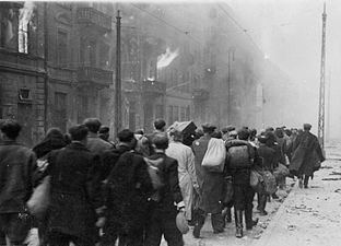 NARA copy #30, IPN copy #8 To the transhipping place Column heading North to Umschlagplatz on Zamenhofa Street near Wołyńska. On the left 25, 27, 29.