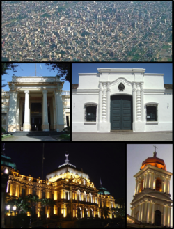 (From top to bottom; from left to right) Aerial view of the city; Nacional University of Tucumán; Independence House; Tucumán Government House and the Tucumán Cathedral.