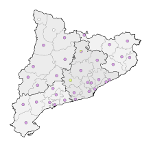 Shows an outlined map of the judicial capitals in Spain that are colour coordinated according to who won the majority of seats. Republicans won the majority of the capitals and they are coloured in purple.