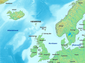 Topographic map of the European region. Danish captions