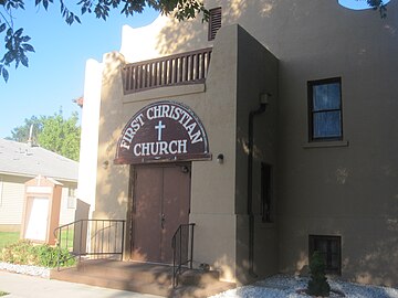 First Christian Church, in dark pink adobe architecture