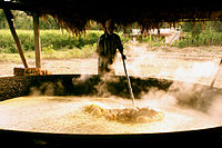 Boiling the sugarcane juice in large-scale jaggery (gur) making in India