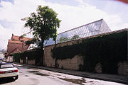 Exterior of the hall showing the north-facing skylight