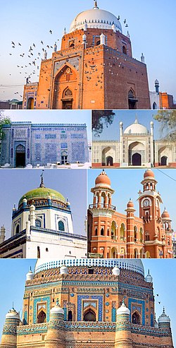 Searah jarum jam dari Atas: Bangunan (Kuil) Bahauddin Zakariya dari Abad ke 13, Masjid Shahi Eid Gah, Multan's Ghanta Ghar, Perincian Makam Shah Rukn-e-Alam dari Abad ke 14, Bangunan (Kuil) Shamsuddin Sabzwari, Makam berjubin biru Shah Gardez