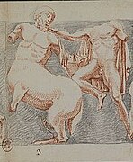 Drawing of a man fighting a centaur.