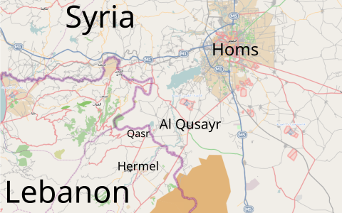 Un mapa d'Al Quseir i les seves rodalies. La Segona batalla d'Al Quseir va ser planejada per Soleimani[33]