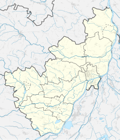 Mapa konturowa powiatu sandomierskiego, po prawej znajduje się punkt z opisem „Ratusz w Sandomierzu”