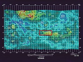 De rode rechthoek toont de locatie van Ovda Regio op het westelijke deel van Aphrodite Terra.