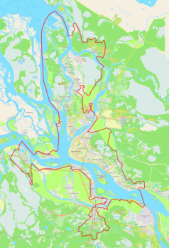 Mapa konturowa Archangielska, blisko centrum na dole znajduje się punkt z opisem „Archangielsk”