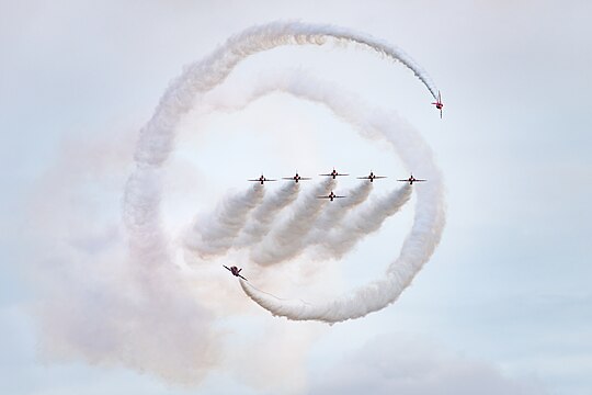 Red Arrows in formation flight at the Royal International Air Tattoo 2023.