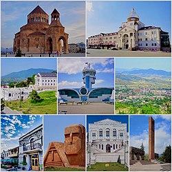 Zleva doprava: Katedrála Bohorodičky • Centrální náměstí • Centrum • Letiště Chodžaly • Panorama města • Bývalý Park Hotel Arcach • Monument My jsme naše hory • Karabašská univerzita • Památník vítězství Arménů v První válce o Náhorní Karabach