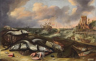 With Abraham Willaerts: Fish still life with stormy sea, 1636