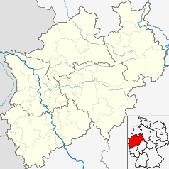 Mapa konturowa Nadrenii Północnej-Westfalii, w centrum znajduje się punkt z opisem „Hagen Hauptbahnhof”