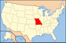 Map of the United States, showing the location of Missouri in red. Missouri is roughly in the center of the United States, south of Iowa, West of Illinois, Kentucky, and Tennessee, North of Arkansas, and East of Kansas, Nebraska, and Oklahoma.