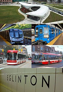 From top, clockwise: York University station on Line 1 Yonge-University, an S-series rapid transit train on the former Line 3 Scarborough, a Nova Bus bus, wall tile signage at Eglinton station featuring the Toronto Subway typeface, a Flexity Outlook streetcar, and a Toronto Rocket subway train