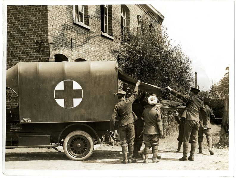 File:Casualty arriving at a field ambulance (La Gorgue, France). Photographer- H. D. Girdwood. (13875256545).jpg