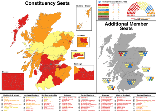 A map showing the constituency winners of the Election by their party colours.