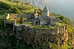 Stone church building on a cliff, look from above