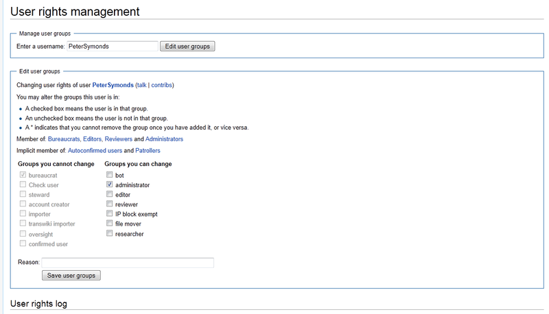 Screenshot van de interface van Special:UserRights op een lokale wiki.