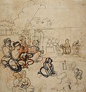 Unfinished sketch of an artist showing women making chapati, ca. 1775, Rajasthan, India.