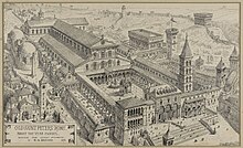 Old St Peter's, Rome, as the 4th-century basilica had developed by the mid-15th century, in a 19th-century reconstruction