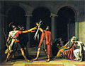 Le personages in Le Juramento del Horatii per Jacques-Louis David jura in su spadas