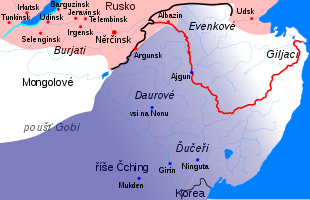 Mapa Zabajkalí a Poamuří, barevně vyznačeno ruské a čchingské území k roku 1688, návrhy stran při jednání v Něrčinsku a hranice podle něrčinského míru