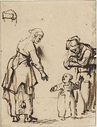 Figure sketch in ink of two women teaching a baby to walk, Carel Fabritius, ca 1640