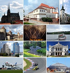 Montage of Brno • Left, row 1: Cathedral of St. Peter and Paul on Petrov hill • Left, row 2: Veveří Castle • Left, row 3: High-rise building • Left, row 4: Brno-Tuřany International Airport • Middle, row 1: Špilberk Castle • Middle, row 2: Ignis Brunensis international firework competition • Middle, row 3: Park Lužánky • Middle, row 4: Masaryk Circuit, the Brno racing circuit • Right, row 1: Church of St. James • Right, row 2: A ship on Brno reservoir • Right, row 3: Mahen Theatre, a part of the National Theatre in Brno • Right, row 4: A part of the Brno Exhibition Centre