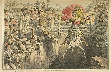 The gallant Curtius leaping into the gulfs (from Comic History of Rome, c. 1850), depicting the legendary Lacus Curtius