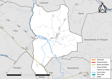 Carte en couleur présentant le réseau hydrographique de la commune