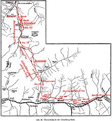 Outline map of the Lötschbergbahn between Spiez and Brig in Switzerland, showing the part from Frutigen to Brig. Note the double loop completed with a 270 degree spiral tunnel between Kandergrund and Felsenburg (ca. km 60 and 70) and the straight stretch of the Lötschberg tunnel between km 75 and 90.