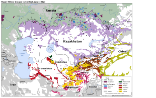 Carte montrant, grâce à plusieurs couleurs, la répartition des langues et la fragmentation ethnique dans l'actuelle Asie centrale.