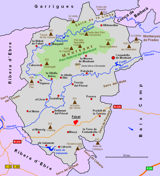 Carte détaillée du Priorat.