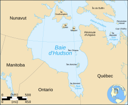 Le détroit d'Hudson est le passage en haut à droite entre l'île de Baffin et le Québec, conduisant à la baie d'Hudson.