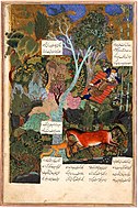 The Persian hero Rustam sleeps, while his horse Rakhsh fends off a lion. Probably an early work by Sultan Mohammed, 1515–20