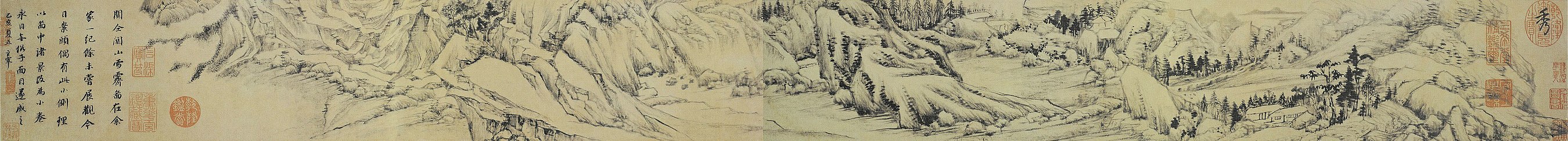 Passes dans la montagne s'éclaircissant après une neige. 1637. Rouleau portatif, dimensions de la peinture : 13 × 142 cm. National Palace Museum, Beijing.