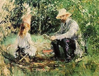 Attribué à Berthe Morisot, Eugène Manet et sa fille dans le jardin (1883), collection particulière.